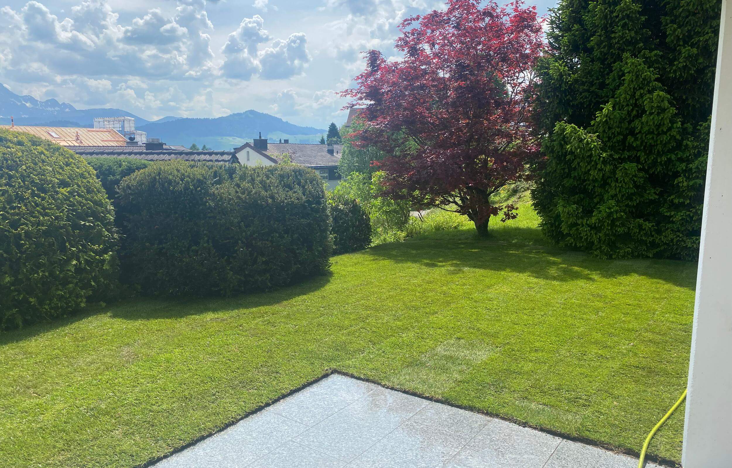 Gepflegter Garten mit rotem Ahorn und Blick über das Appenzellerland